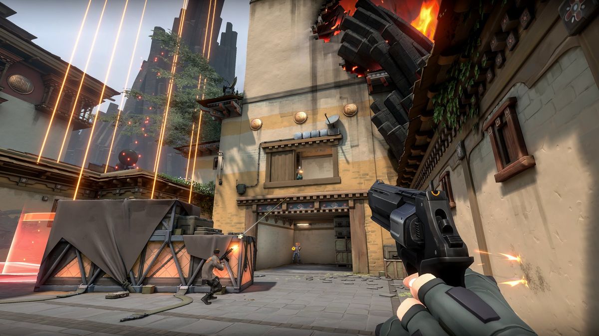 Dynamic first person perspective of a tactical shooter player preparing to peek an angle with a glowing sci-fi weapon