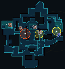 A highly coordinated team of five distinct tactical agents holding a defensive position in a futuristic map environment