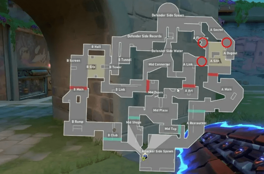 A top-down 2D tactical map interface showing drawing lines, smoke placements, and player movement arrows for an intricate site execute