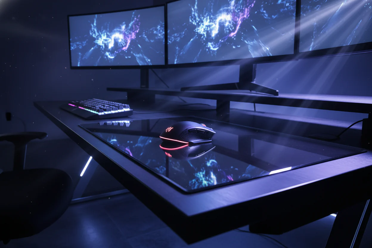 A close-up of a high-end competitive PC gaming setup, showing a low-sensitivity mouse pad and an angled keyboard